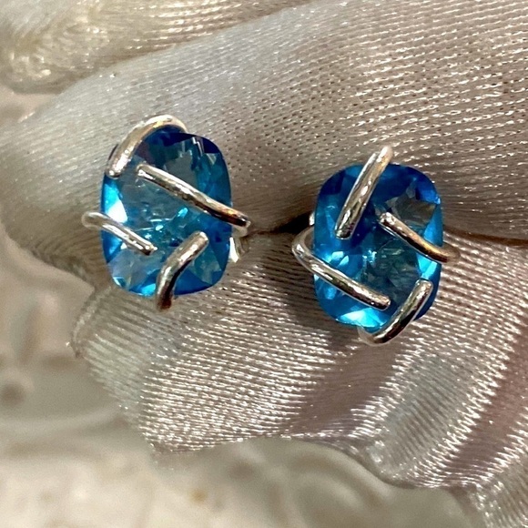 Handmade Blue Topaz Rectangular Cushion Gemstone Sterling Silver Earrings 8Ct - Picture 8 of 15